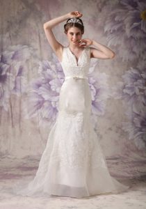 V-neck Taffeta and Organza Lace Wedding Dress with Court Train