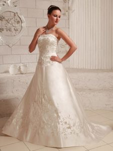 Satin Court Train Wedding Dress With Embroidery on Satin