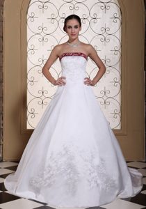Chapel Train Strapless Wedding Dress with Embroidery on Satin