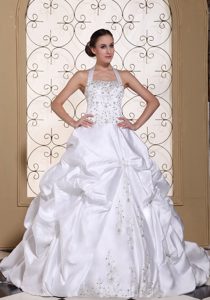 Halter Exquisite Embroidery Wedding Dress with Pick-ups On Satin