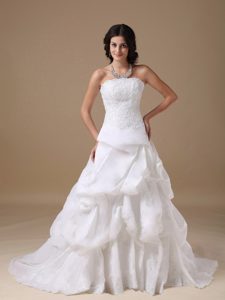 Strapless Court Train Taffeta Lace Wedding Dress with Pick-ups