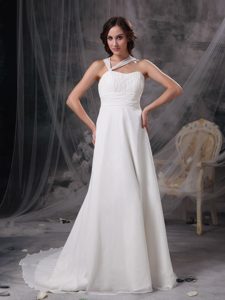 White Empire Asymmetrical Ruched Chiffon Wedding Dress with Court Train