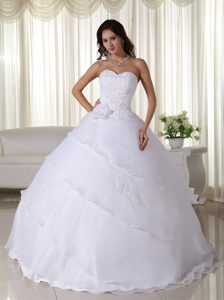 White Ball Gown Sweetheart Long Organza Beaded Wedding Dress