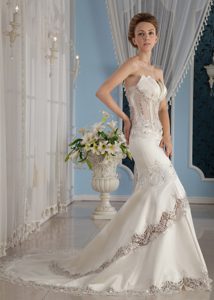 Sexy Mermaid Strapless Court Train Lace and Satin Beaded Wedding Dress