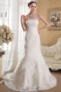 Mermaid Strapless Chapel Train Lace Wedding Dress with Beading and Appliques