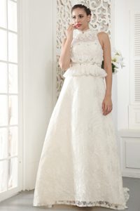 High-neck Lace Wedding Dress with Beading and Ruching