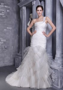 Mermaid One Shoulder Court Train Organza Wedding Dress with Ruching