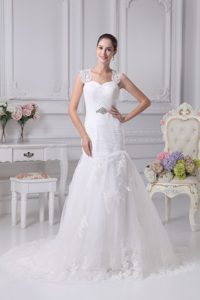 Mermaid Straps Square Wedding Dress with Ruching and Beading on Lace