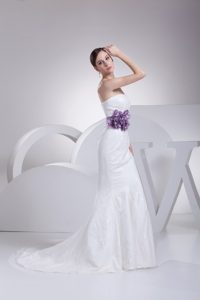 Strapless Mermaid Long Bridal Gown with Lace and Purple Sashes