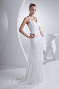 Beaded Halter Top Sheath Wedding Gown with Ruching and Appliques