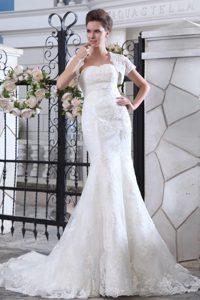 Simple Mermaid Strapless Court Train Wedding Dress with Lace Belt Decorate