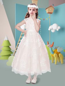 Discount Baby Pink A-line Lace Scoop Sleeveless Lace Tea Length Zipper Toddler Flower Girl Dress