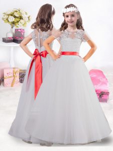 White Scoop Neckline Lace and Appliques and Sashes ribbons Pageant Dress Toddler Short Sleeves Clasp Handle