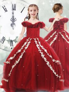 Amazing Wine Red Sleeveless Tulle Brush Train Lace Up Child Pageant Dress for Quinceanera and Wedding Party