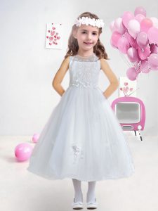 Vintage Sleeveless Tea Length Appliques Clasp Handle Toddler Flower Girl Dress with White