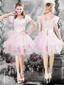 Eye-catching Short Sleeves Lace Up Knee Length Beading and Appliques and Ruffles and Hand Made Flower Evening Dress