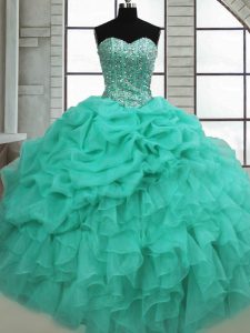 Beauteous Sweetheart Sleeveless Quinceanera Gown Floor Length Beading and Ruffles and Pick Ups Turquoise Organza