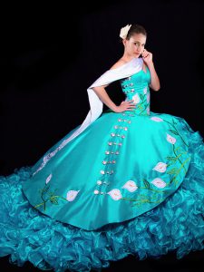 Flare Sleeveless Embroidery and Ruffles Lace Up Sweet 16 Dress with Aqua Blue Brush Train