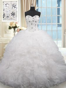 Fashion Sleeveless Brush Train Lace Up Beading and Ruffles Ball Gown Prom Dress