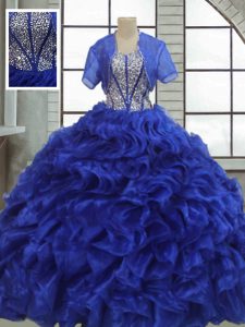 New Style Royal Blue Short Sleeves Organza Lace Up Quinceanera Dress for Military Ball and Sweet 16 and Quinceanera