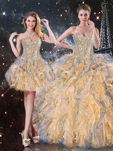 Gold Ball Gowns Beading and Ruffles 15 Quinceanera Dress Lace Up Organza Sleeveless Floor Length