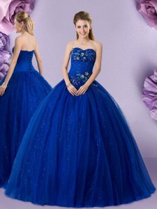 Royal Blue Ball Gowns Sweetheart Sleeveless Tulle Floor Length Lace Up Beading and Appliques Sweet 16 Dresses