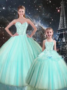 Enchanting Sleeveless Tulle Floor Length Lace Up Ball Gown Prom Dress in Turquoise with Beading