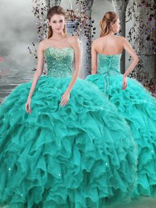 Modest Turquoise Lace Up Sweetheart Beading and Ruffles Quinceanera Gowns Organza Sleeveless