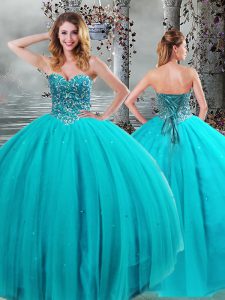 Ball Gowns Quinceanera Dress Aqua Blue Sweetheart Tulle Sleeveless Floor Length Lace Up