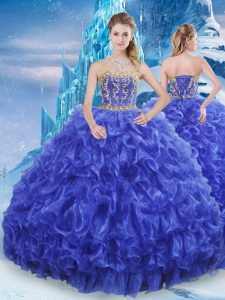 Sophisticated Royal Blue Lace Up Sweet 16 Dress Beading and Appliques and Ruffles Sleeveless Floor Length