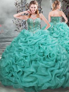 Turquoise Organza Lace Up Sweetheart Sleeveless Quinceanera Dress Brush Train Beading and Pick Ups