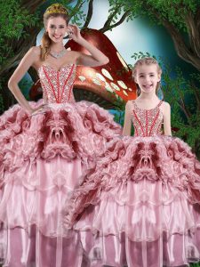 Pretty Multi-color Organza Lace Up Sweetheart Sleeveless Floor Length Quinceanera Gown Beading and Ruffles and Ruffled L