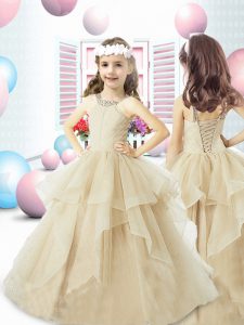 Scoop Sleeveless Lace Up Pageant Gowns For Girls Champagne Tulle