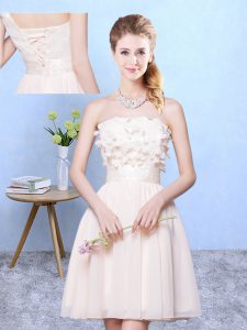 Shining Appliques Bridesmaid Dress Champagne Lace Up Sleeveless Knee Length