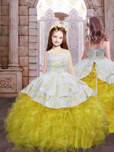 New Arrival Gold Sleeveless Embroidery and Ruffles Lace Up Kids Pageant Dress