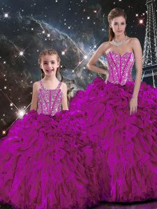 Organza Sweetheart Sleeveless Lace Up Beading and Ruffles Quinceanera Gowns in Fuchsia
