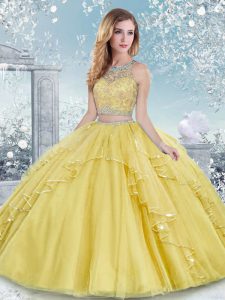 Scoop Sleeveless Clasp Handle Quinceanera Dress Gold Tulle