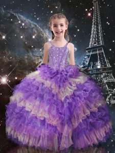 Lilac Sleeveless Floor Length Beading and Ruffled Layers Lace Up Little Girls Pageant Dress Wholesale