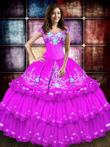 Sumptuous Fuchsia Taffeta Lace Up Off The Shoulder Sleeveless Floor Length 15 Quinceanera Dress Embroidery and Ruffled L