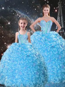 Delicate Sleeveless Organza Floor Length Lace Up 15th Birthday Dress in Baby Blue with Beading and Ruffles