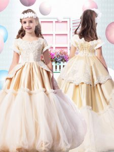 Trendy Square Short Sleeves Lace Up Child Pageant Dress Champagne Tulle