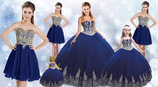 Sumptuous Sleeveless Organza Floor Length Lace Up Wedding Dress in Royal Blue with Appliques