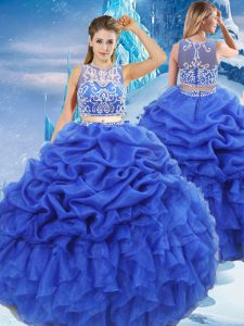 Enchanting Royal Blue Zipper Scoop Beading and Ruffles and Pick Ups Sweet 16 Quinceanera Dress Organza Sleeveless
