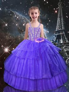 Trendy Organza Straps Sleeveless Lace Up Beading and Ruffled Layers Glitz Pageant Dress in Eggplant Purple
