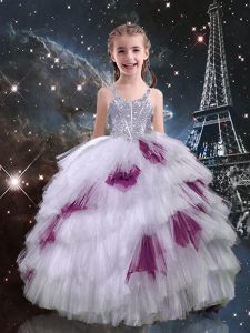 High End White Tulle Lace Up Little Girls Pageant Gowns Sleeveless Floor Length Beading and Ruffled Layers