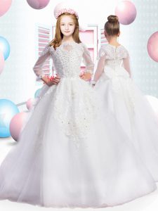 Glorious Scoop 3 4 Length Sleeve Organza Child Pageant Dress Beading and Appliques Brush Train Lace Up