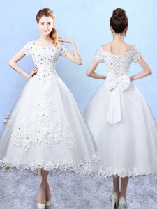 White Short Sleeves Beading and Lace and Bowknot Ankle Length Bridesmaid Dresses