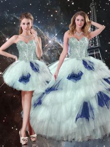 Designer Floor Length Blue And White Vestidos de Quinceanera Tulle Sleeveless Beading and Ruffled Layers and Sequins