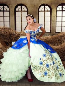Fitting Multi-color Ball Gowns Taffeta Off The Shoulder Sleeveless Embroidery Floor Length Lace Up Quinceanera Gowns