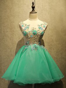Decent Scoop Sleeveless Prom Dress Mini Length Embroidery Green Organza